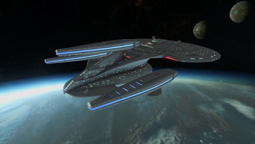 USS Scharnhorst takes position over the polar orbit of Class M planet. (Courtesy of Trellain)